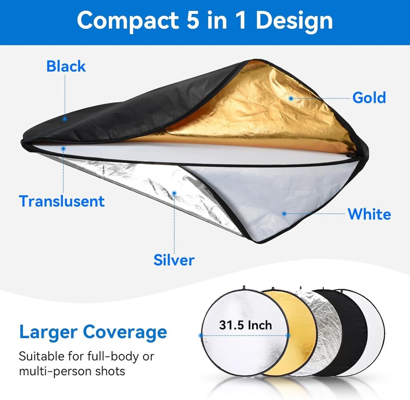 UTEBIT 31 Inch (80cm) Light Reflector Stand Kit Diffuser 5 in 1 Collapsible Multi Disc with Bag, 48 Inch Light Stand, Photography Reflector Holder-Translucent/Silver/Gold/White/Black - Image 3